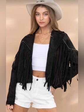 Blue B Rustic Orange Suede Fringe Open Front Jacket with Stud Details